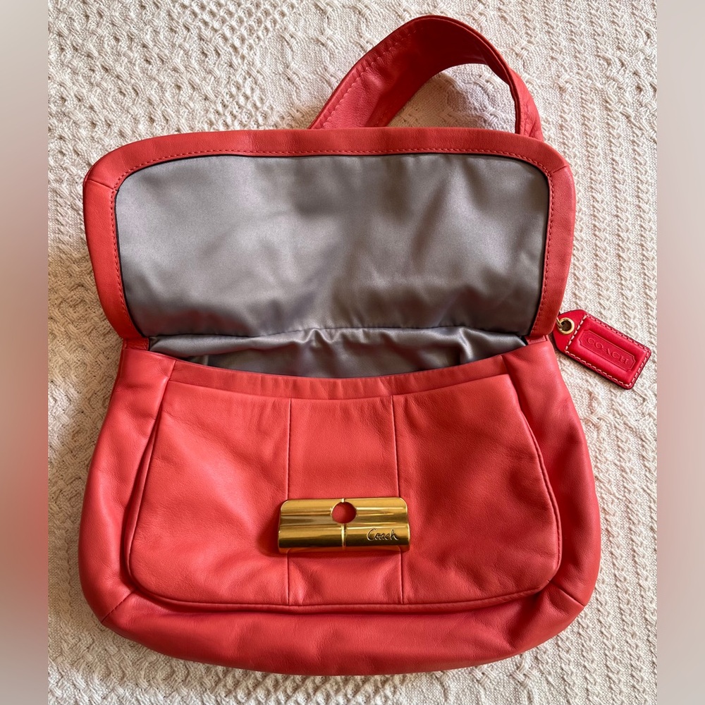 Coach Kristin leather handbag, extra shoulder strap, leather hangtag, coral EUC - Picture 12 of 15